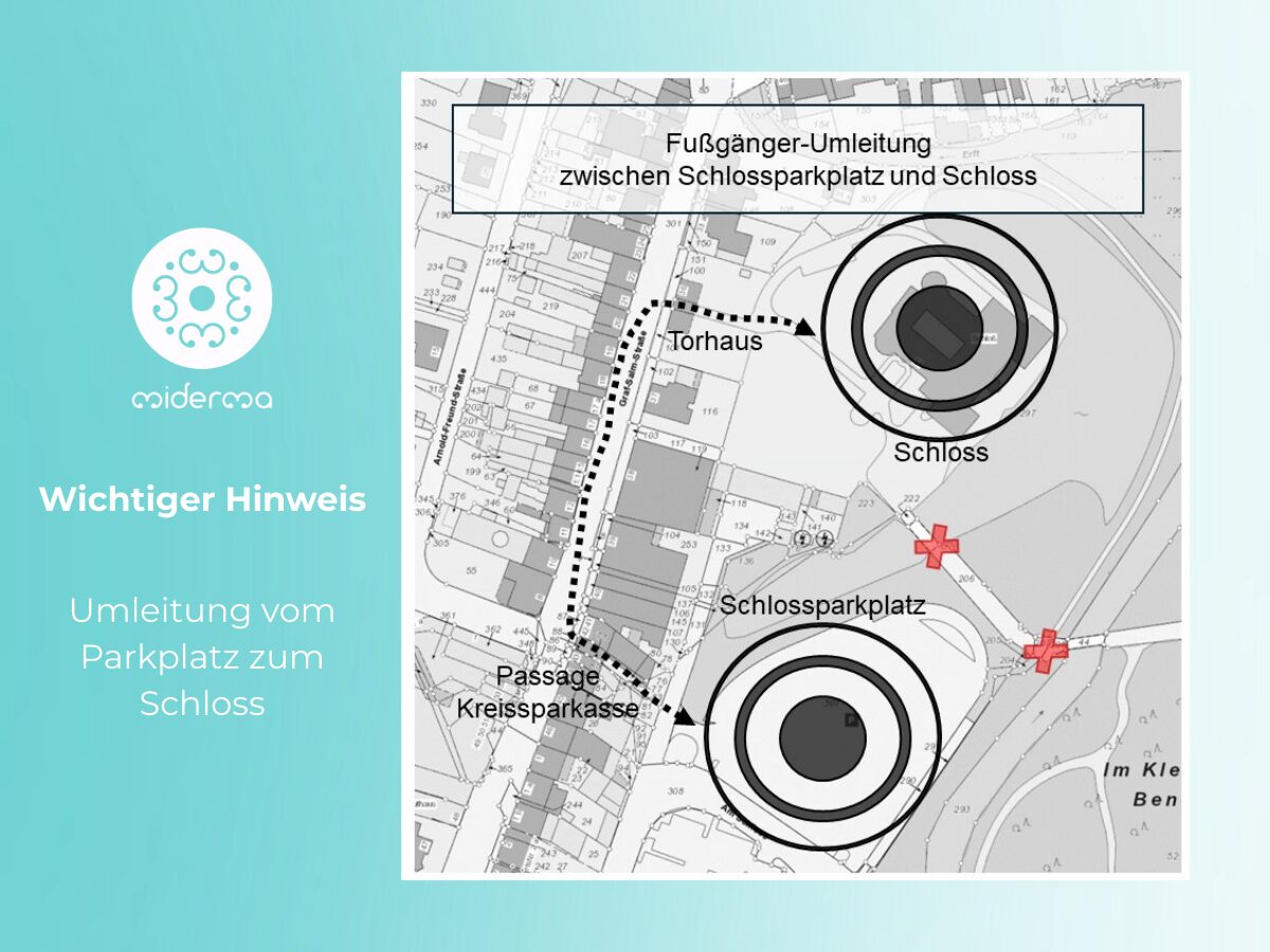 pmu-studio-bedburg-schlosspark umleitung Fußgänger Umleitung vom Parkplatz zum Miderma Studio Bedburg